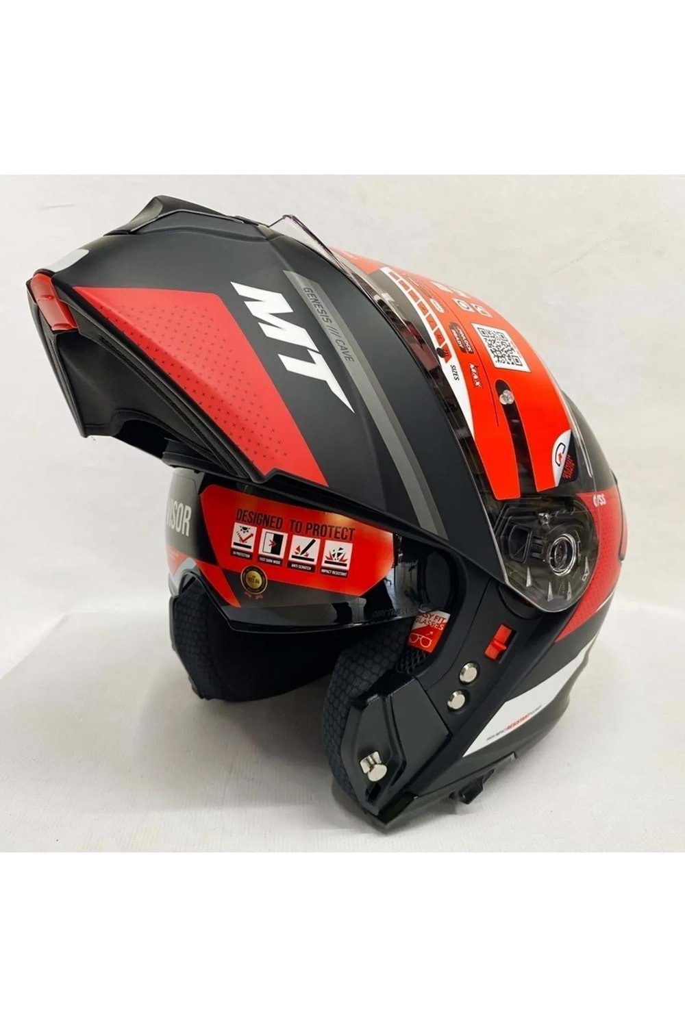 MT Genesis Cave A5 Mat Kırmızı Siyah Çene Açılır Kask